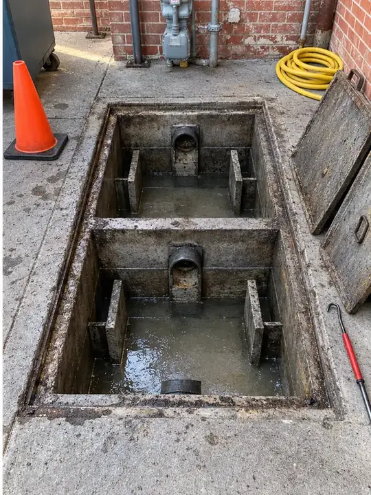 The same restaurant grease interceptor cleaned with baffles visible