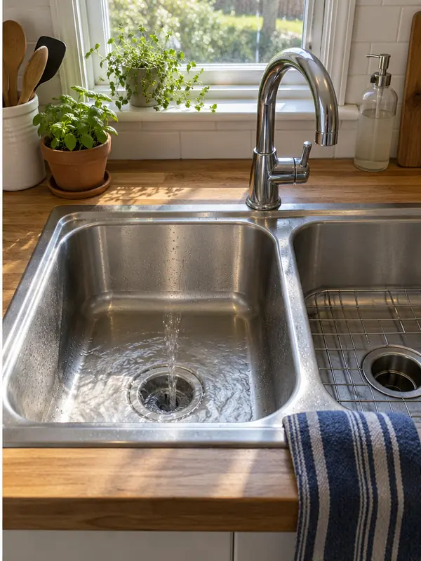 The same kitchen sink draining clearly after professional cleaning
