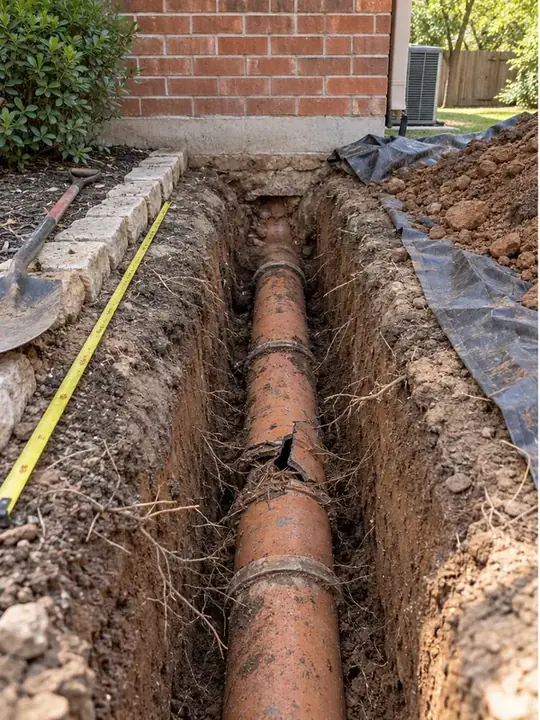 Cracked clay sewer pipe with root intrusion before repair