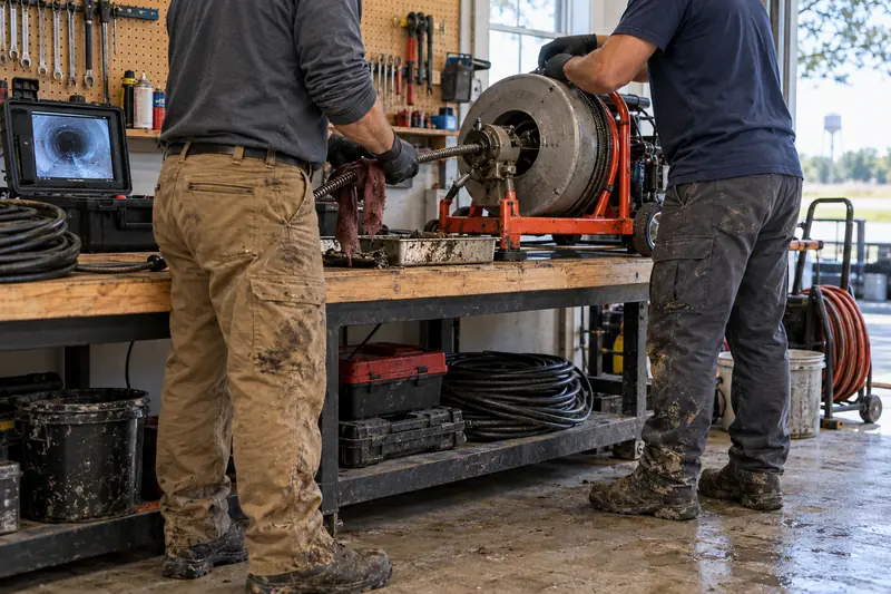 Local Waxahachie drain cleaning technicians maintaining cable and camera equipment
