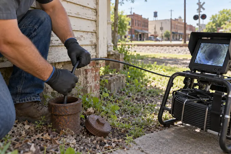 Sewer camera inspection at an older Ennis Texas home