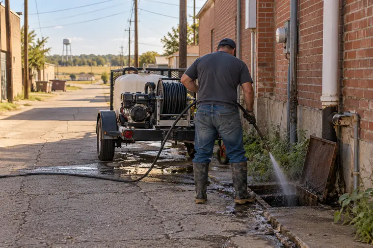 Commercial drain cleaning service behind a Ferris Texas building