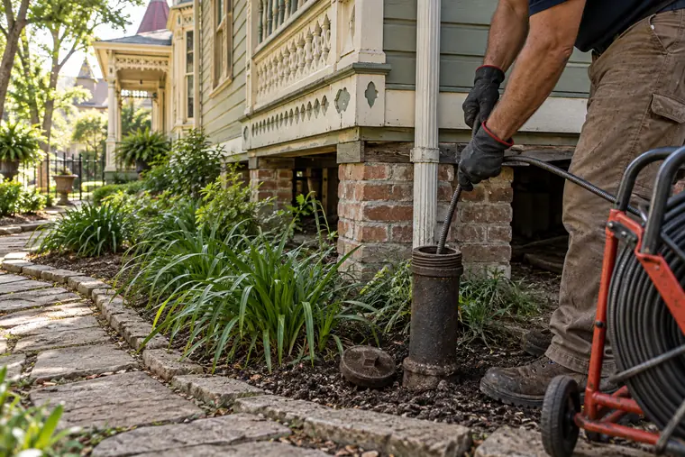 Cast iron drain cleaning at a historic West End Waxahachie home