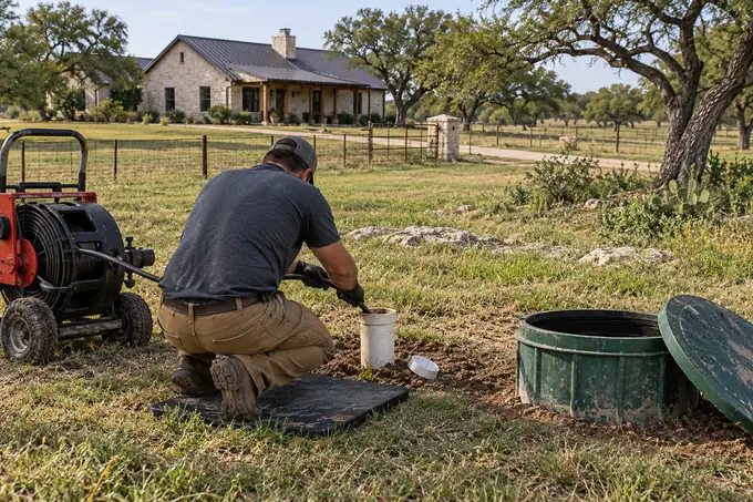Technician clearing a house to septic line in Maypearl Texas