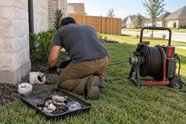 Technician clearing construction debris from a North Grove home drain