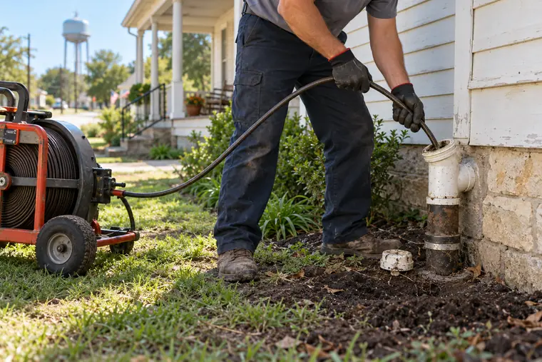 Exterior sewer cleanout service at an older Palmer Texas home