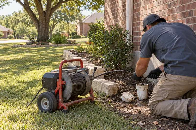 Drain technician clearing an outdoor sewer cleanout at a Waxahachie, TX home