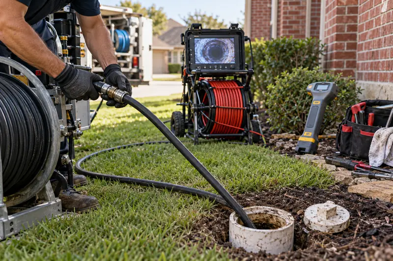 Professional drain and sewer cleaning equipment set up at a Waxahachie home