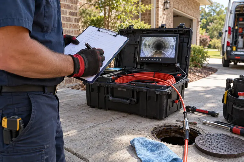 Technician writing an upfront on-site drain cleaning quote in Waxahachie, TX