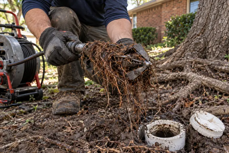 Tree root removal from a sewer line in Waxahachie